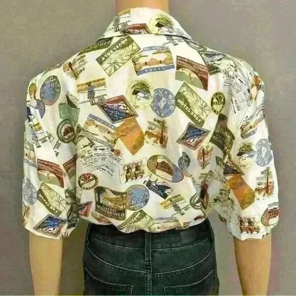 Unique Vintage  oversized multicolored novelty prints button down shirt - Picture 5 of 11